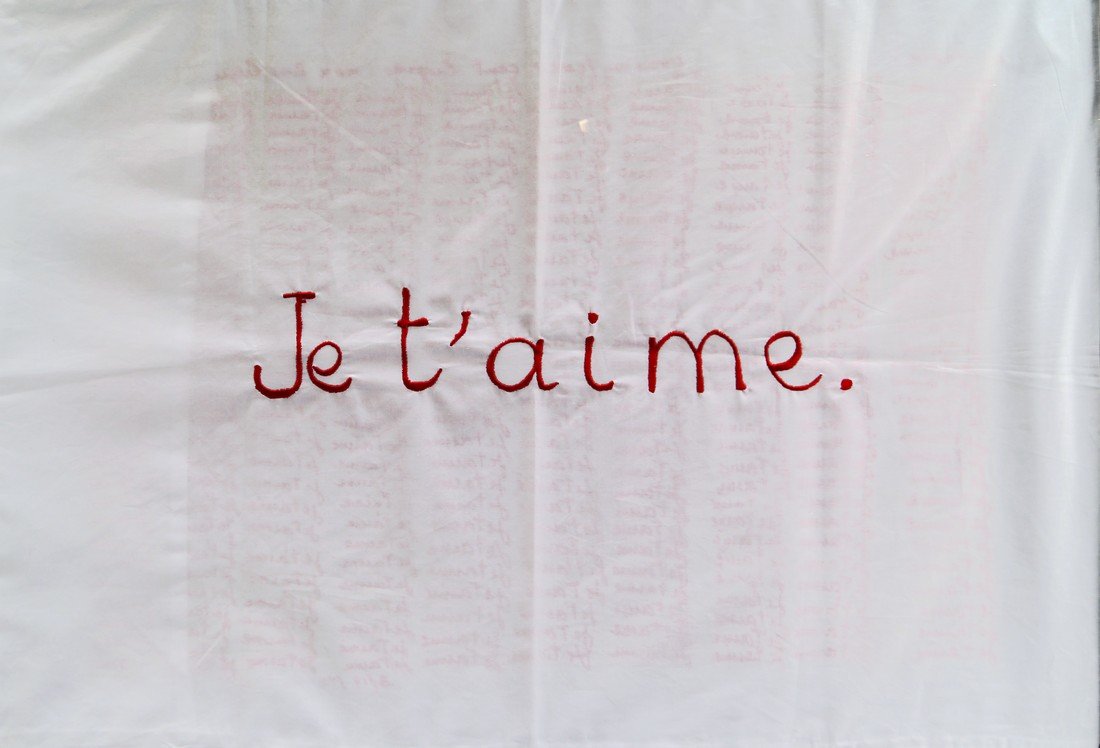 Louise Bourgeois, American/French, 1911-2010- ''Je: Louise Bourgeois, American/French, 1911-2010- ''Je t'aime'', publ. Tate, London, 1994; silkscreen with embroidery on cotton pillowcase, from the open edition, signed within the plate, with 'Je t'aime'