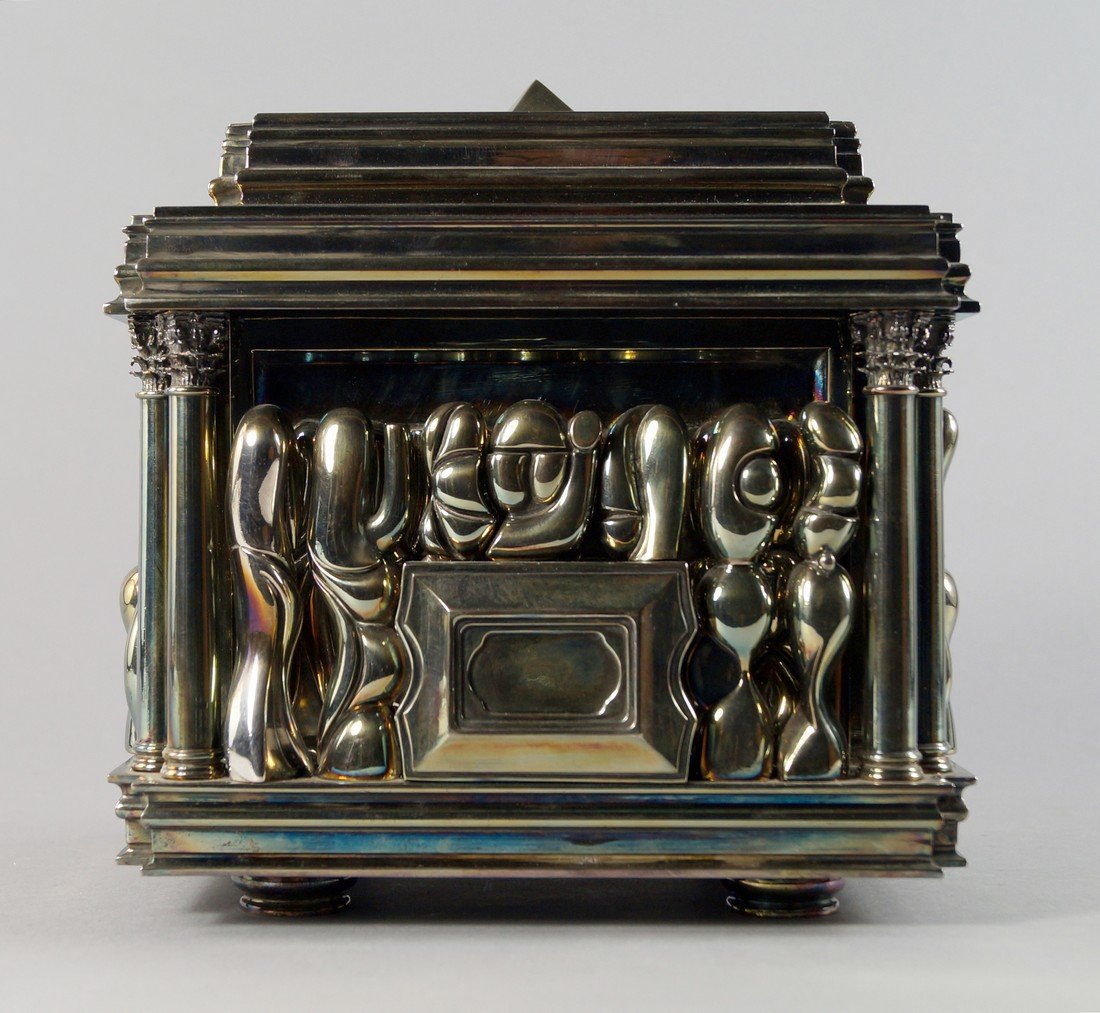 Miguel Ortiz Berrocal, Spanish ,1933-2006 'Il: Miguel Ortiz Berrocal, Spanish ,1933-2006 'Il Cofanetto', Homage to Romeo and Juliet, 1969-1975, silver plated metal, comprising 88 elements that fit in the 'casket' and when assembled form a dining s