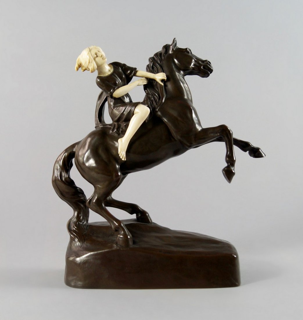 After Peter Tereszczuk, Austrian, (1875-1963) A bronze: After Peter Tereszczuk, Austrian, (1875-1963) A bronze and ivory sculpture of a girl on horseback, signed, approx 24cm high x 21cm wide.