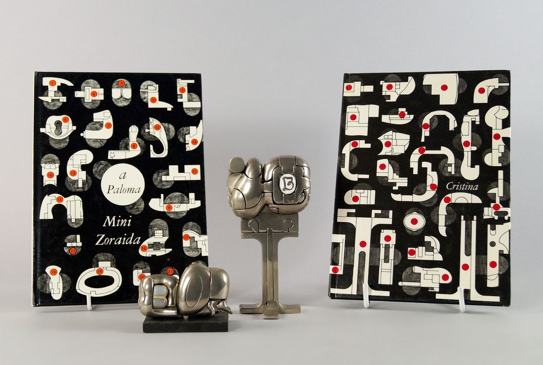 Miguel Ortiz Berrocal, Spanish, 1933-2006 Mini Zoraida,: Miguel Ortiz Berrocal, Spanish, 1933-2006 Mini Zoraida, silver plated metal, on rectangular base, edition 3964, stamped and signed to base, 6cm high; and Cristina, silver plated metal, on rectangular 