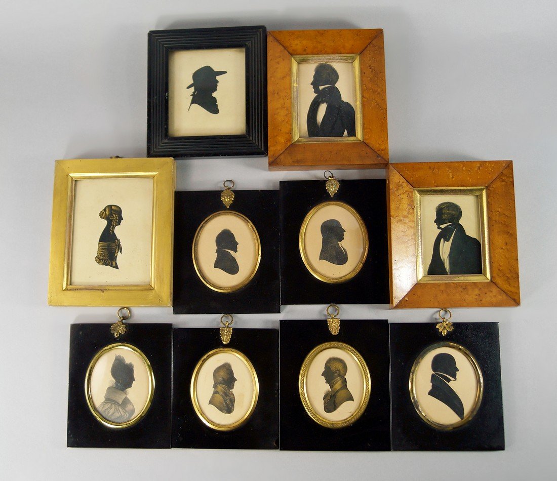 Two silhouette portraits of gentlemen, 19th century,: Two silhouette portraits of gentlemen, 19th century, dressed in frocked coats, inscribed to the back, John James Leeky and Francis Smith, in maple frames, 9.2 x 6.5cm, together with a further collecti