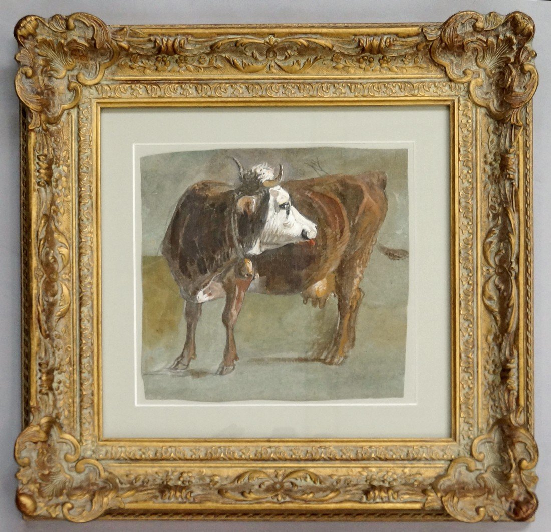 Italian School, 19th Century- Cow; gouache and pencil: Italian School, 19th Century- Cow; gouache and pencil on blue/green irregularly shaped paper, 19x20.5cm Provenance: Purchased from Abbott & Holder Ltd, London in 2011