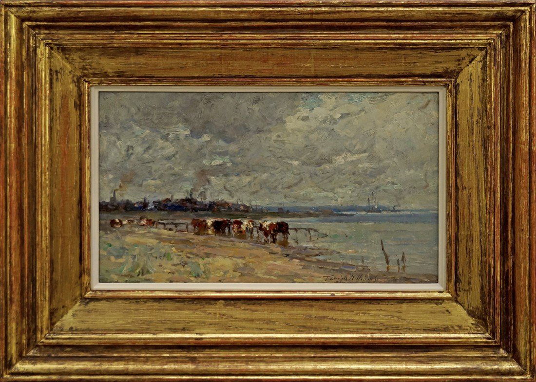 Terrick John Williams RA, British 1860-1936-: Terrick John Williams RA, British 1860-1936- ''Landscape near Poole, Dorset''; oil on panel, signed, 17x30.5cm, (may be subject to Droit de Suite) Provenance: Purchased from Messum's, London in 2012