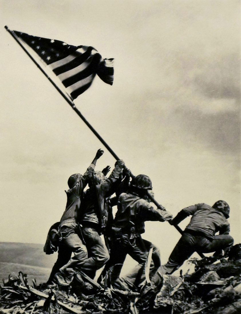 Joe Rosenthal, American 1911-2006- ''Flag Raising on: Joe Rosenthal, American 1911-2006- ''Flag Raising on Iwo Jima, 1945'', printed by Philip Adam; toned archival gelatin silver print, 1989, signed in pencil on verso by Joe Rosenthal, image 21.4x16.4, s