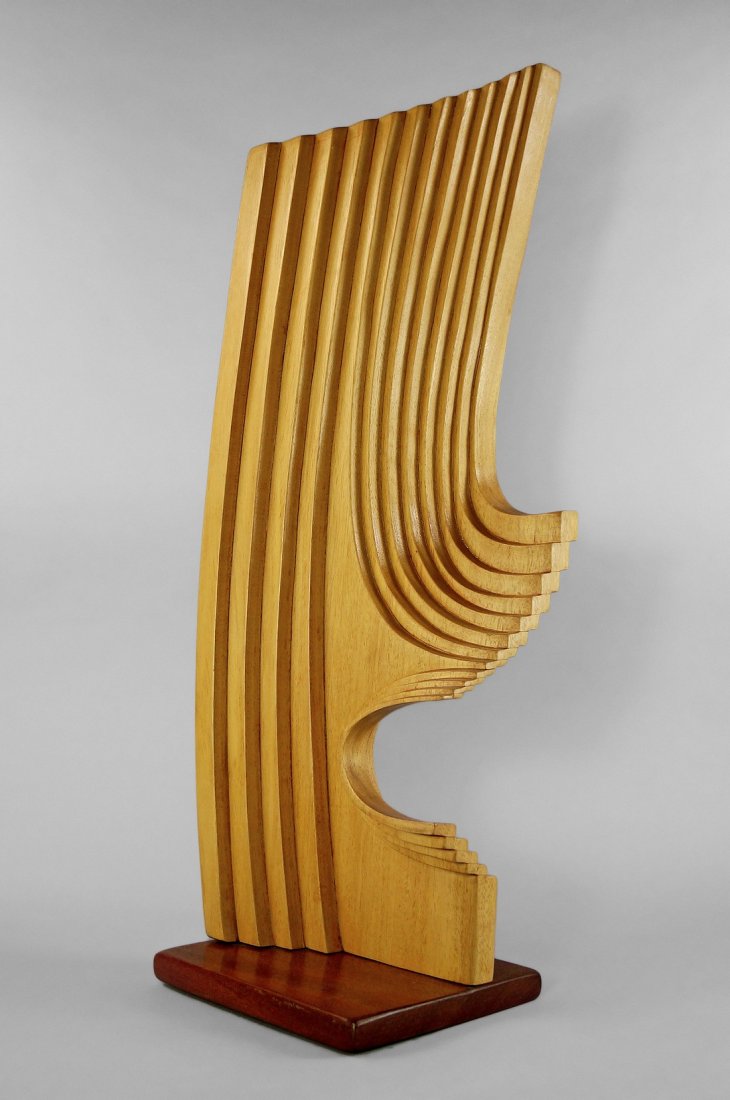 Brian Willsher, British 1930-2010- Untitled; carved: Brian Willsher, British 1930-2010- Untitled; carved jelutong sculpture, signed and inscribed on the underside of the plinth, 71cm., (high) (may be subject to Droit de Suite) Provenance: Purchased dire