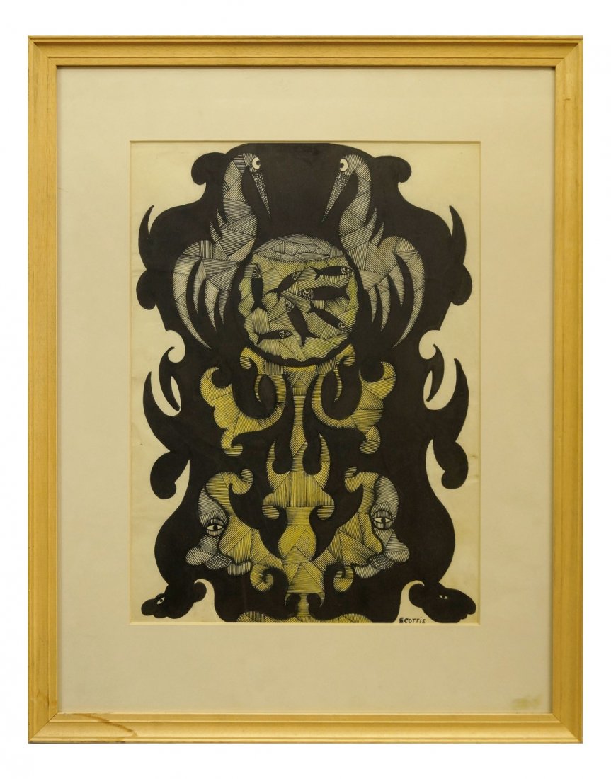 Scottie Wilson, Scottish 1888-1972- Untitled; pen and: Scottie Wilson, Scottish 1888-1972- Untitled; pen and brush and black ink and watercolour, signed, 37x27cm (may be subject to Droit de Suite) Provenance: with The Mayor Gallery, London, according to l