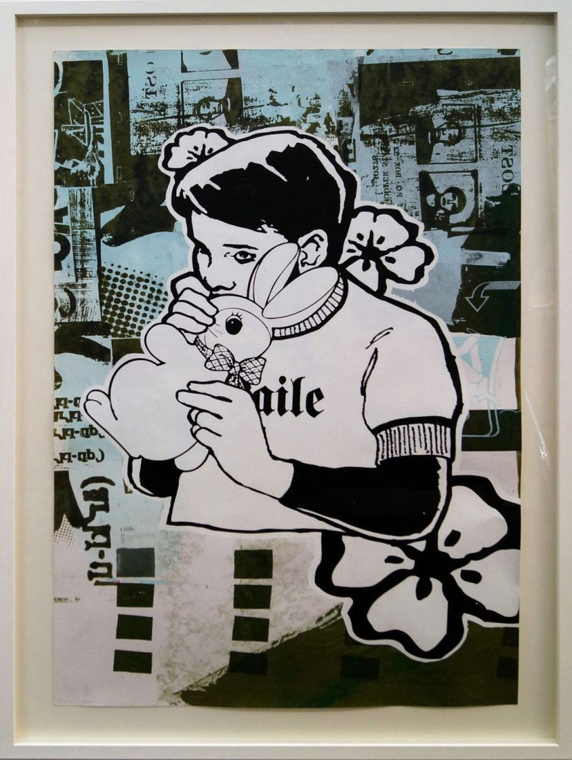 Faile, American, originated 1999- ''Bunny Boy Archive: Faile, American, originated 1999- ''Bunny Boy Archive Blue/Green''; acrylic, ink, acrylic, silkscreen ink on paper, signed and dated 2007 on the reverse, 89x58cm Notes: Originally a collective of thre