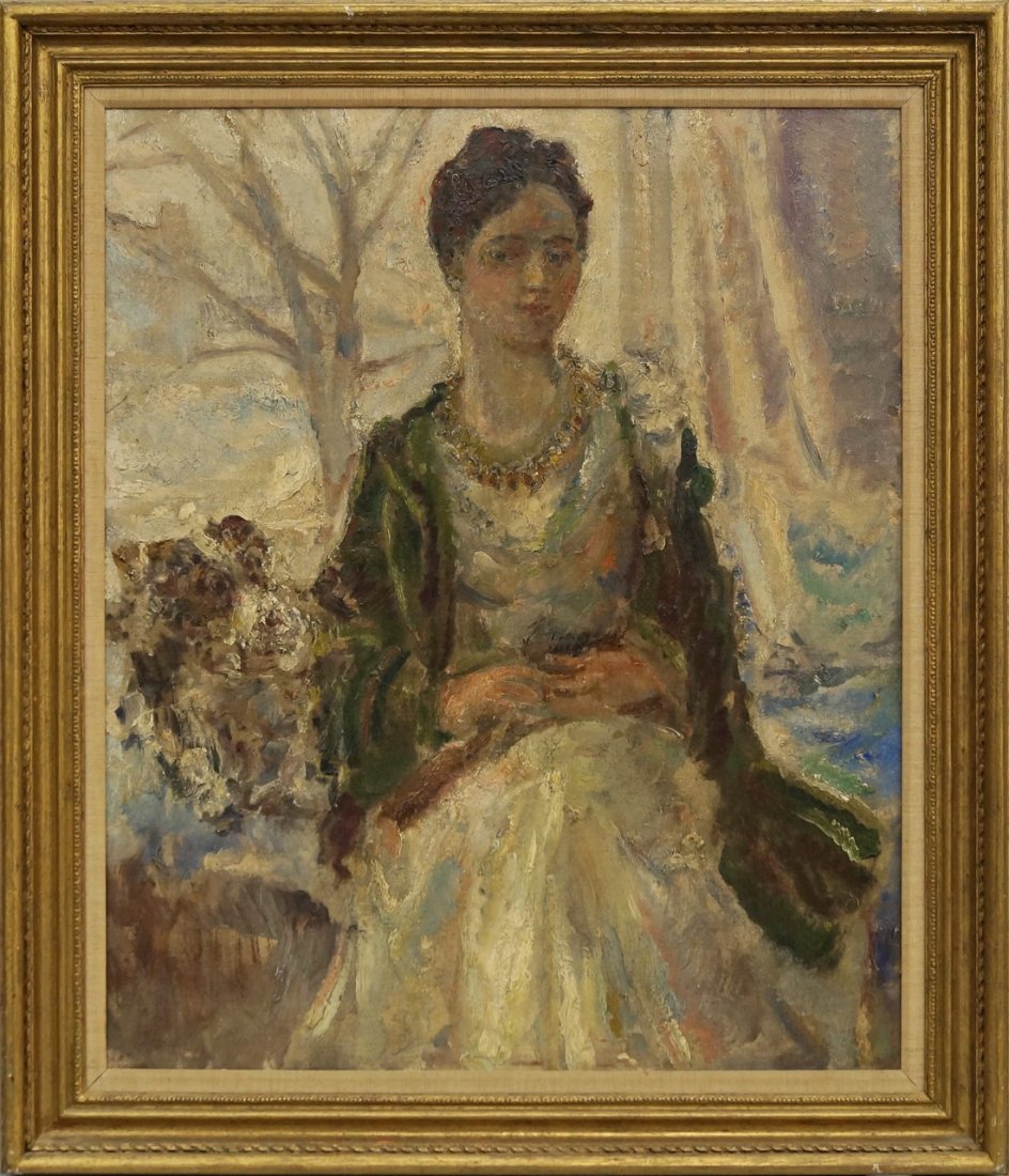 Dame Ethel Walker NEA ARA RBA RP DBE British 1861-1951-: Dame Ethel Walker NEA ARA RBA RP DBE British 1861-1951- Portrait of a lady, seated three-quarter length in an interior by a window; oil on canvas, 77x64cm., (unframed) (may be subject to Droit de Suit