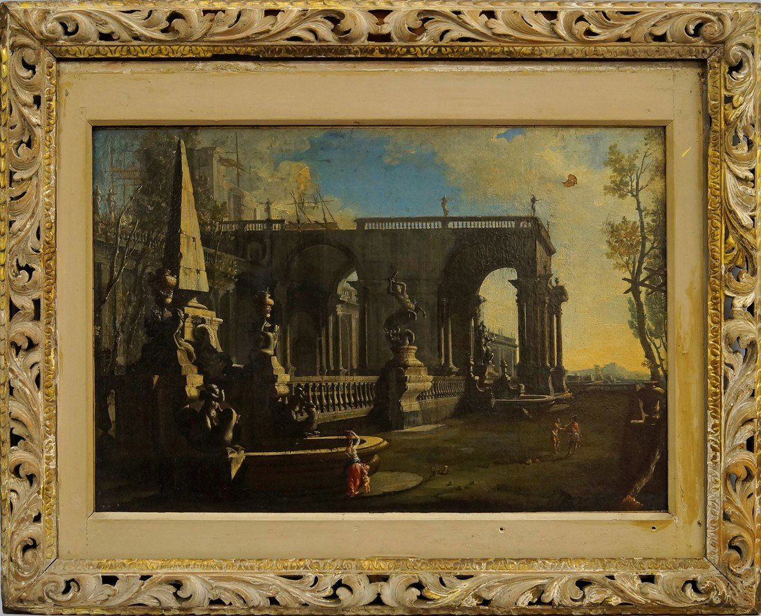 Follower of Giovanni Paolo Panini, Italian 1691-1765-: Follower of Giovanni Paolo Panini, Italian 1691-1765- ''Roman Ruins and Figures''; oil on canvas, in a Florentine style carved and gilded frame, 49.5x75cm