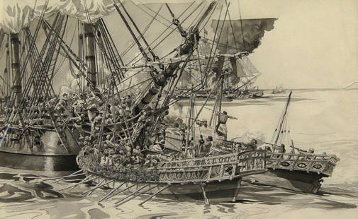 Attributed to Richard Schlecht, American b.1936- ''East: Attributed to Richard Schlecht, American b.1936- ''East Indiaman II''; original artwork for illustration, pencil, pen and grey/black ink and wash, bears inscription on the mount, 31x50cm: together wit