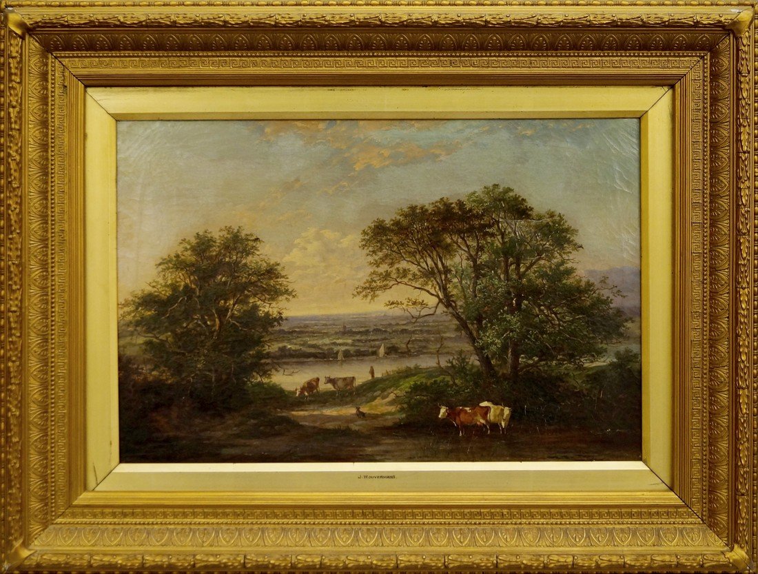 British School, early 19th century- Cattle on a path: British School, early 19th century- Cattle on a path with a figure and woodland with a river landscape and vista beyond; oil on canvas, 41x61.5cm