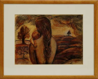 Emily Young, British b.1951- ''Woman and Child''; brush: Emily Young, British b.1951- ''Woman and Child''; brush and black ink, watercolour, pastel and coloured crayon, signed and dated 91, 27x37cm (may be subject to Droit de Suite) Provenance: Purchased fr
