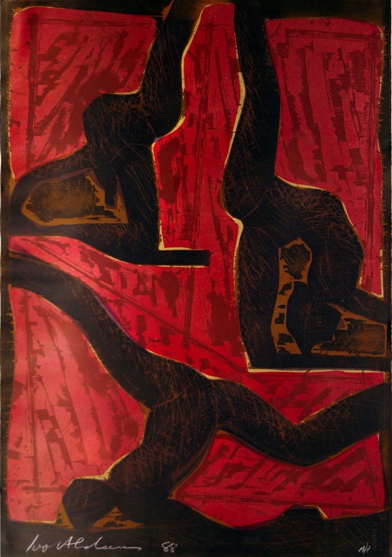 Ivor Abrahams RA, British 1935-2015- Untitled, Figures;: Ivor Abrahams RA, British 1935-2015- Untitled, Figures; lithograph printed in colours, signed, inscribed 'A/P' and dated 88 in white wax crayon, 116.4x80.3cm, (unframed) (may be subject to Droit de Su