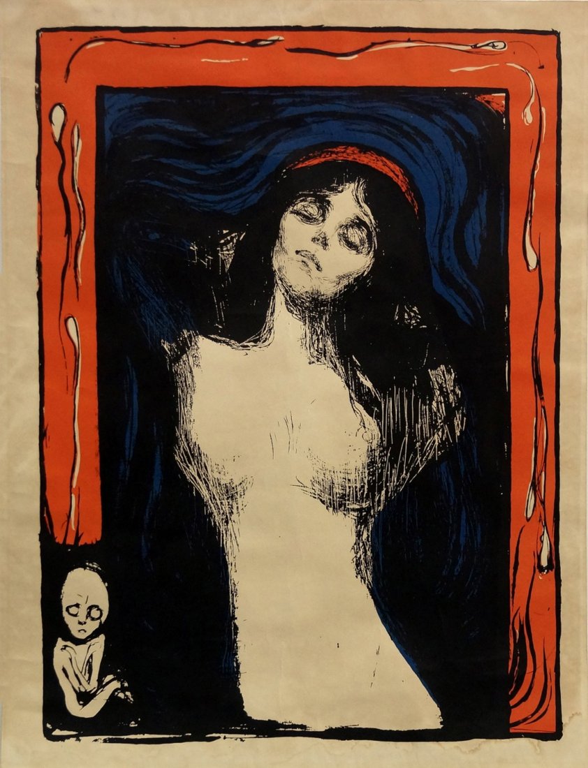 After Edvard Munch, Norwegian 1863-1944- ''Madonna'';: After Edvard Munch, Norwegian 1863-1944- ''Madonna''; screenprint in colours, 68.5x50cm, (unframed) Note: This example may belong to the edition that was produced by Aarhus Kunstmuseum on the occasion