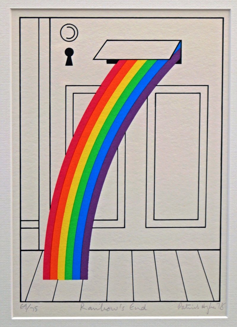 Patrick Hughes, British b.1939- ''Rainbow's End'';: Patrick Hughes, British b.1939- ''Rainbow's End''; screenprint in colours, signed, titled, numbered 69/75 and dated 78 in pencil, 26x19cm, (may be subject to Droit de Suite)