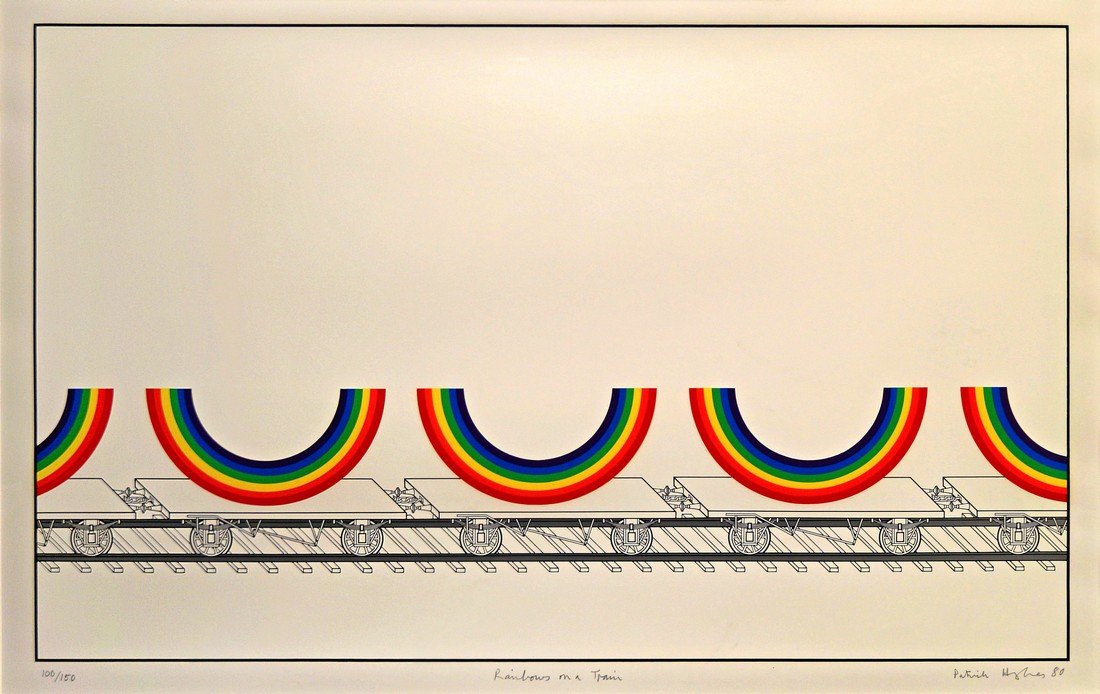 Patrick Hughes, British b.1939- ''Rainbows on a Train'';: Patrick Hughes, British b.1939- ''Rainbows on a Train''; screenprint in colours, signed, titled,numbered 100/150 and dated 80 in pencil, 53x84cm, (may be subject to Droit de Suite)