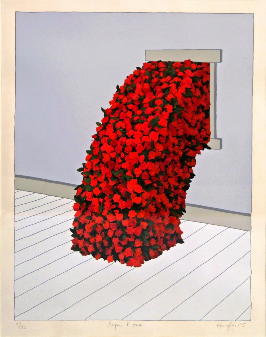 Patrick Hughes, British b.1939- ''Paper Roses'';: Patrick Hughes, British b.1939- ''Paper Roses''; screenprint in colours, signed, titled, numbered 80/150 and dated 85 in pencil, 64x48cm, (may be subject to Droit de Suite)