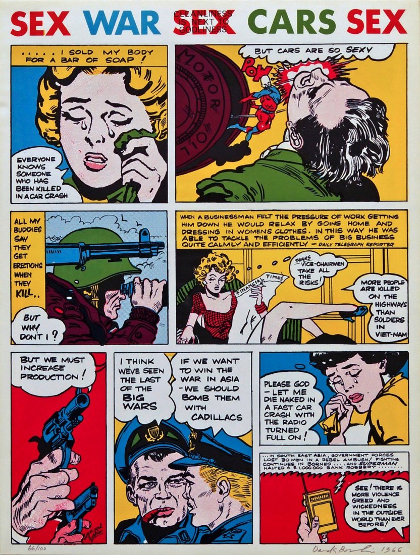 Derek Boshier, British b.1937- ''Sex Wars Sex Car Sex'';: Derek Boshier, British b.1937- ''Sex Wars Sex Car Sex''; screenprint in colours, signed, numbered 66/100 and dated 1966 in pencil, 58x45cm (may be subject to Droit de Suite)