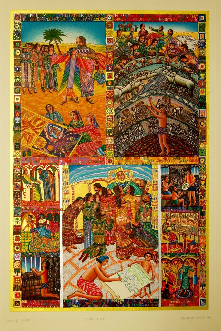 John August Swanson, American b.1938- ''Nativity'',: John August Swanson, American b.1938- ''Nativity'', ''Epiphany'' and ''Story of Joseph''; screenprints in colours, three, ea. signed, titled and dated 1988 or 1986, two bear dedication in pencil, one