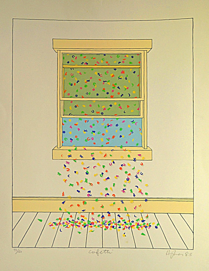 Patrick Hughes, British b.1939- ''Confetti'';: Patrick Hughes, British b.1939- ''Confetti''; screenprint in colours, signed, numbered 92/150 and dated 83 in pencil, blindstamp, 76x56.5cm: together with another screenprint in colours by the same ar
