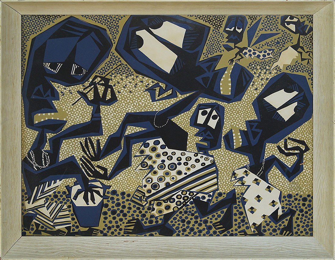 Susanne Wenger, (Adunni Olurisa), Austrian 1915-2009-: Susanne Wenger, (Adunni Olurisa), Austrian 1915-2009- Untitled figures, c.1965; screenprint in grey and black, bears label for F J Harris & Son Pictures (Bath) Ltd 13 & 14 Green Street Bath 51x60cm (m