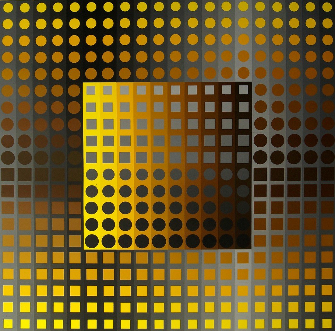 Victor Vasarely, French/Hungarian 1906-1997- Untitled,: Victor Vasarely, French/Hungarian 1906-1997- Untitled, from Permutations 51, publ by Edition Denise Rene; screenprint in colours, signed and inscribed 'E.A' in pencil, with publisher's blindstamp, 68.