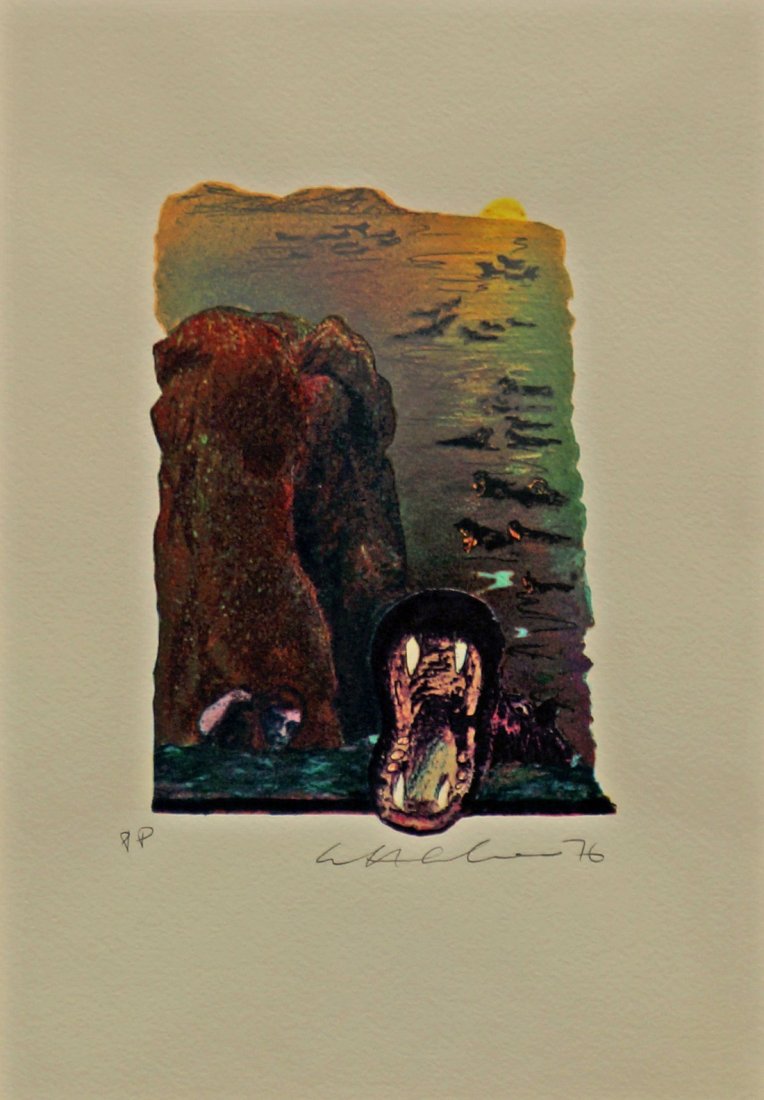 Ivor Abrahams RA, British 1935-2015- ''Edgar Allen Poe: Ivor Abrahams RA, British 1935-2015- ''Edgar Allen Poe Series''; screenprint in colours, signed, inscribed 'PP' and dated 76 in pencil, 39x27cm: together with one other screenprint in colours by the s