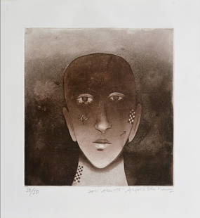 Anjolie Ela Menon, Indian b.1940- ''Acolyte''; etching: Anjolie Ela Menon, Indian b.1940- ''Acolyte''; etching with aquatint printed in sepia, signed, titled, numbered 50/50 and dated 2001 in pencil, 24.3x24.8cm (unframed)
