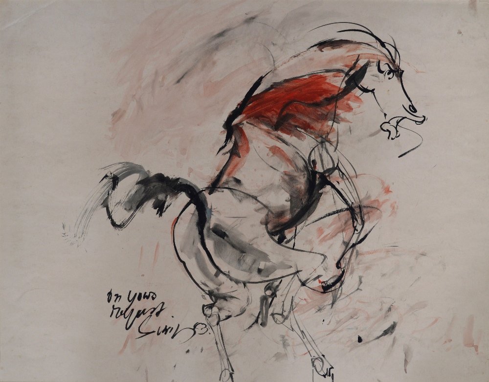 Sunil Das, Indian b.1939- Bucking Horse; brush, black: Sunil Das, Indian b.1939- Bucking Horse; brush, black ink and watercolour on buff, signed and inscribed, 54.5x69cm, (unframed)