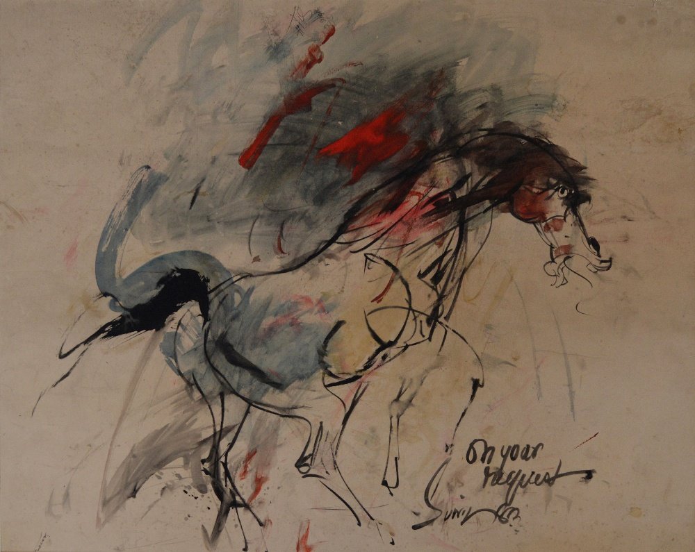 Sunil Das, Indian b.1939- Horse Beneath Stormy Skies;: Sunil Das, Indian b.1939- Horse Beneath Stormy Skies; brush, black and watercolour on buff, signed and inscribed, 54x67cm, (unframed)