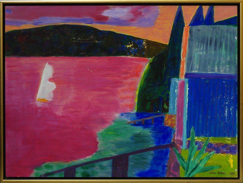 Ken Done, Australian b.1940- ''Pink Sea''; acrylic on: Ken Done, Australian b.1940- ''Pink Sea''; acrylic on clayboard, signed and dated 2002, 61x81cm