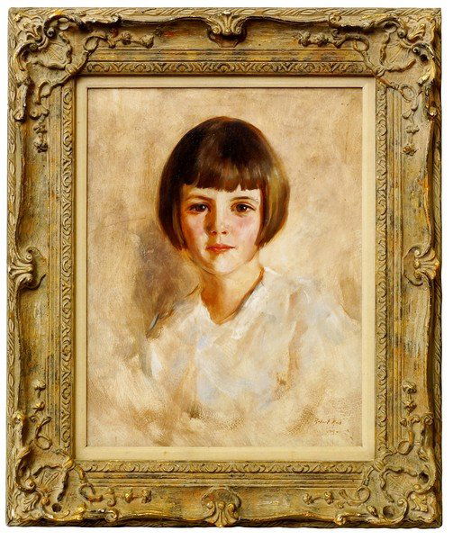 Robert Lewis Reid, American 1862-1929- Portrait of a: Robert Lewis Reid, American 1862-1929- Portrait of a girl, quarter-length, in a white dress; oil on canvas, signed and dated 1919, oil on board, 44x33.8cm