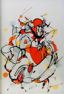 Mr Jago, British b.1972- ''Orange Figure'', 2008; gutta: Mr Jago, British b.1972- ''Orange Figure'', 2008; gutta and ink on silk, signed and dated on the reverse, 59x39cm, (may be subject to Droit de Suite) Exhibited: London, Stolen Space, ''Mr Jago 'Cloud