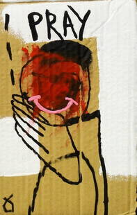 Adam Neate, British b.1977- ''Pray''; oil on cardboard,: Adam Neate, British b.1977- ''Pray''; oil on cardboard, signed with monogram, 31x9.5cm, (may be subject to Droit de Suite) Provenance: Beautiful Crime, London