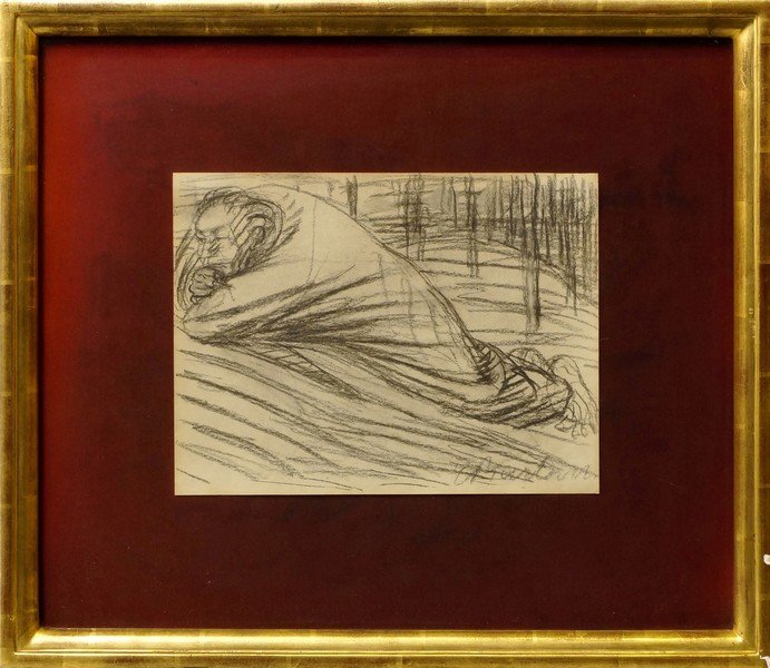 Ernst Barlach, German 1870-1938- ''Der Einsame'',: Ernst Barlach, German 1870-1938- ''Der Einsame'', 1918/19; charcoal on paper, signed, 22.8x30.1cm Provenance: Hans Beckers, Dren; Dr C. Richartz, Amsterdam, Netherlands Literature: Volker Probst, ''Er