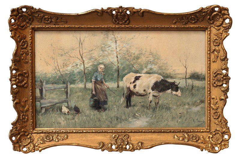 Anton Mauve, Dutch 1838-1888- Milkmaid with a cow and: Anton Mauve, Dutch 1838-1888- Milkmaid with a cow and chickens in a paddock; watercolour with touches of white, signed, 21.5x38.5cm