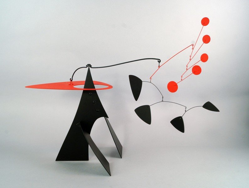 Manuel Marín, Spanish 1942-2007- Untitled in red and: Manuel Marín, Spanish 1942-2007- Untitled in red and black; polychrome painted metal mobile, 57cm wide, (may be subject to Droit de Suite)