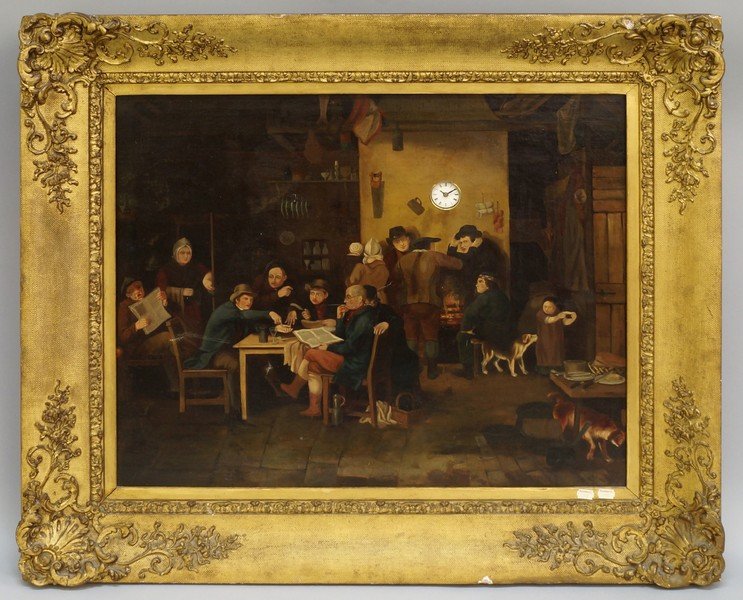 A Continental oil painting picture clock, possibly: AMENDMENT: Please note that the movement for this clock is not a fusee mechanism. END OF AMENDMENTA Continental oil painting picture clock, possibly French or German, late 19th/early 20th century, the