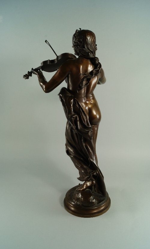 Eugène Delaplanche, French (1836-1891) A French bronze: Eugène Delaplanche, French (1836-1891) A French bronze sculpture 'La Musique' of a semi nude maiden playing a violin, with drapery at her waist, signed E. Delaplanche, F.Barbedienne Fondeur, approx 6