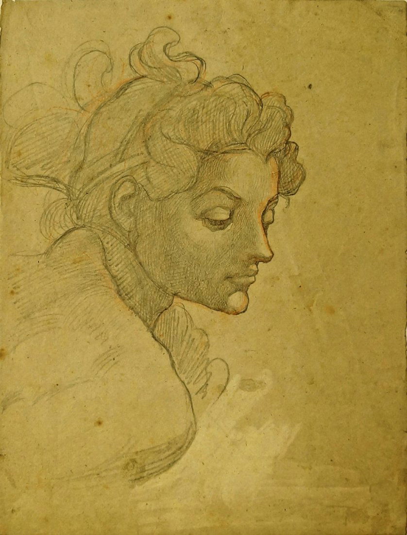 Attributed to William Blake Richmond KCB RA, British: Attributed to William Blake Richmond KCB RA, British 1842-1921- Portrait Study; pencil heightened with red pastel on buff, 26.5x19.7cm, (unframed)