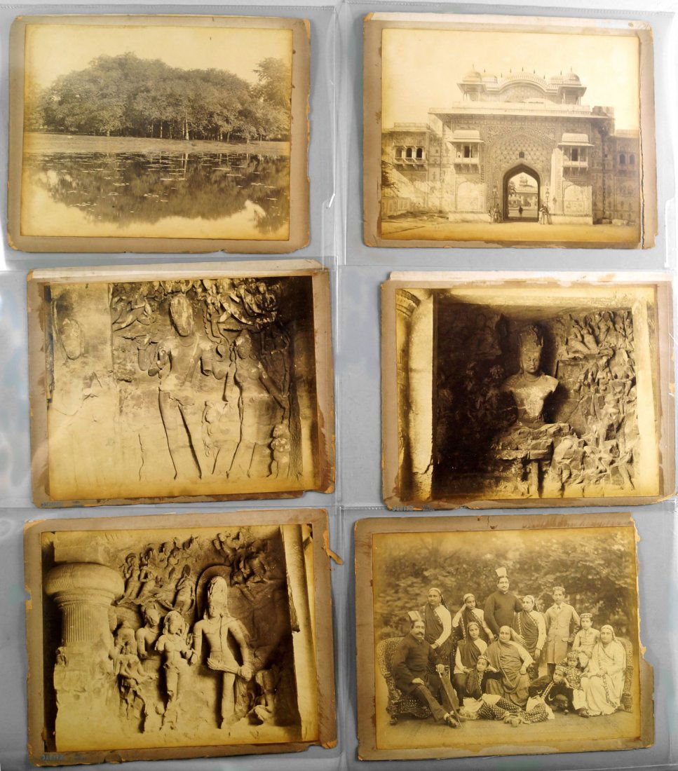 Samuel Bourne, British, (1834-1912), a collection of: Samuel Bourne, British, (1834-1912), a collection of twenty four photographs of Indian views and Indian sculpture, 19th century, originally bound in a book, albumen prints contained on twelves pages,