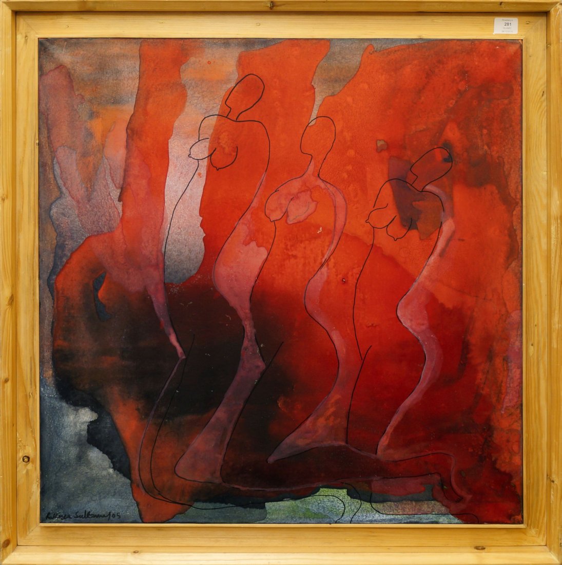 Rokeya Sultana, Bangladesh b.1958- ''Relation 9'';: Rokeya Sultana, Bangladesh b.1958- ''Relation 9''; mixed technique tempera and black pen, signed and dated '05, 76.5x76.5cm