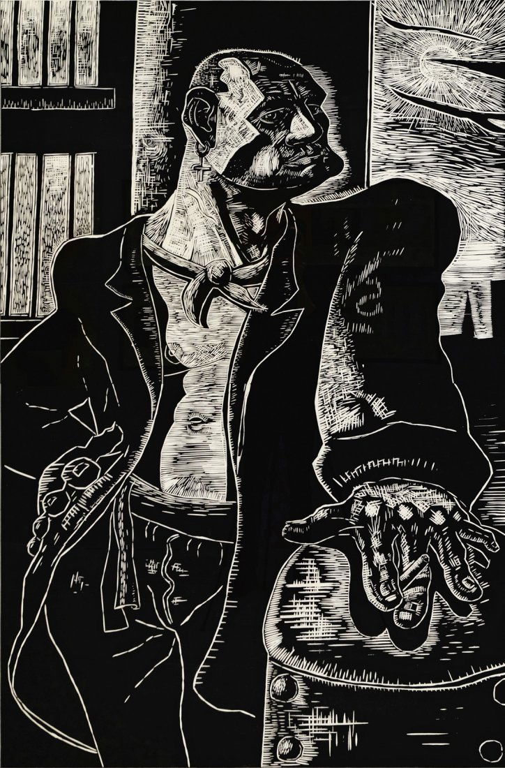 Peter Howson OBE, Scottish b.1958- ''The Noble Dosser'';: Peter Howson OBE, Scottish b.1958- ''The Noble Dosser''; linocut, signed, titled, numbered 11/30 and dated 87 in pencil, 183x121cm (may be subject to Droit de Suite)