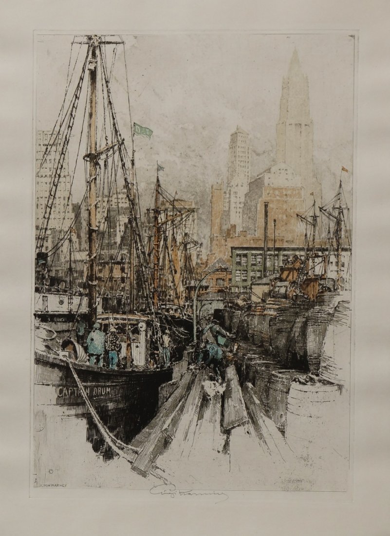 Luigi Kasimir, Austrian 1881-1962- ''Fulton Market'';: Luigi Kasimir, Austrian 1881-1962- ''Fulton Market''; etching with aquatint in colours, titled within the plate, signed in pencil, 43.4x30cm, (unframed) (may be subject to Droit de Suite)