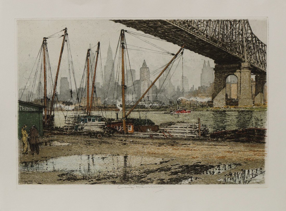 Luigi Kasimir, Austrian 1881-1962- ''Queensborough: Luigi Kasimir, Austrian 1881-1962- ''Queensborough Bridge''; etching with aquatint in colours, inscribed 'New York' and dated April 1936 within the plate, signed in pencil, 29x42.7cm, (unframed) (may 