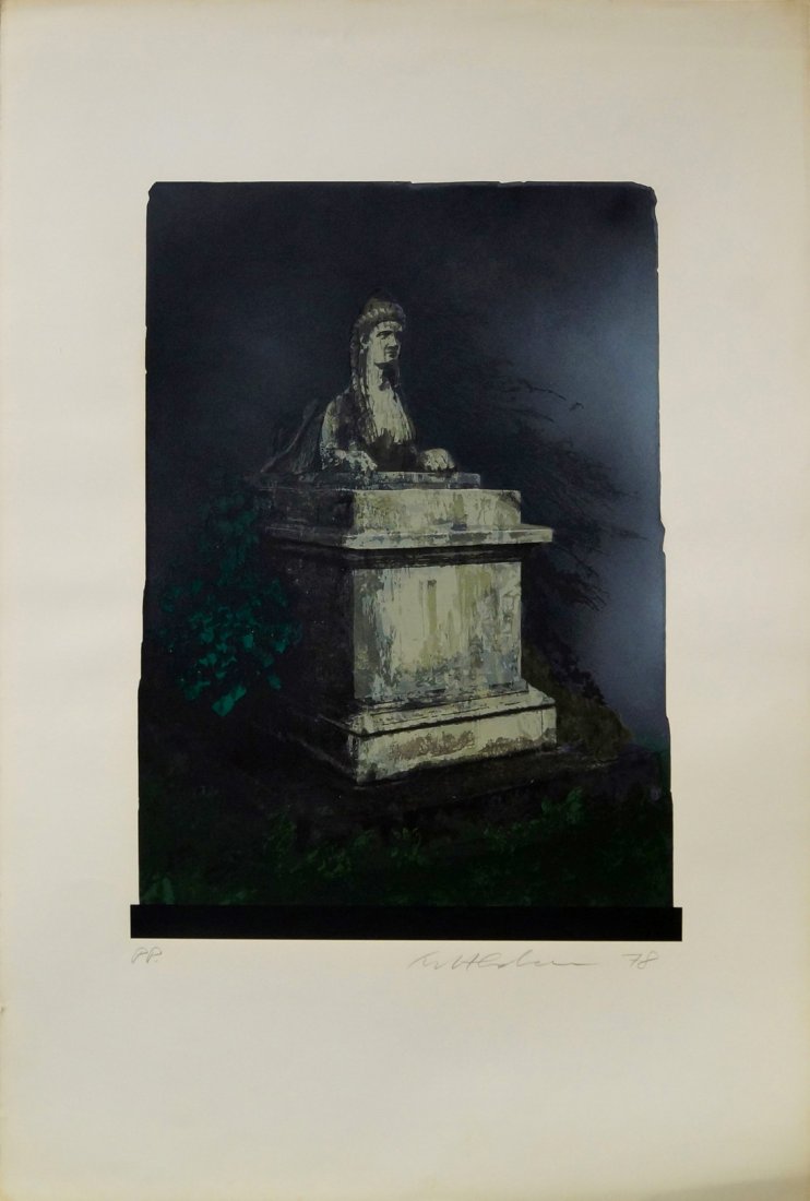 Ivor Abrahams RA, British 1935-2015- ''The Sphinx, from: Ivor Abrahams RA, British 1935-2015- ''The Sphinx, from Monuments''; screenprint in colours, signed , dated 78, and inscribed PP in pencil, 102x68.5cm: together with two other screenprints in colours