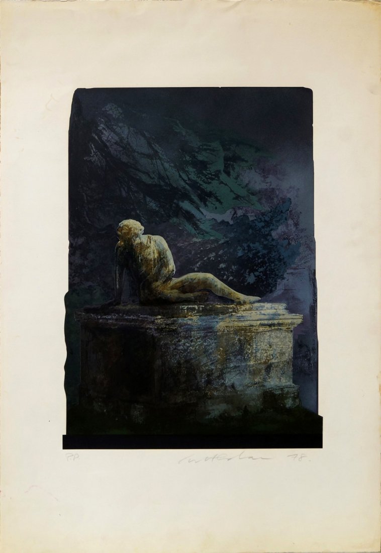 Ivor Abrahams RA, British 1935-2015- ''The Warrior,: Ivor Abrahams RA, British 1935-2015- ''The Warrior, from Monuments''; screenprint in colours, signed , dated 78, and inscribed PP in pencil, 102x68.5cm: together with two other screenprints in colours