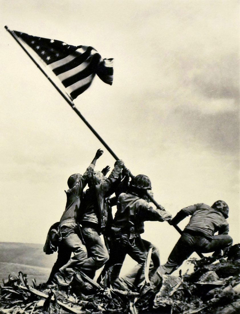 Joe Rosenthal, American 1911-2006- ''Flag Raising on: Joe Rosenthal, American 1911-2006- ''Flag Raising on Iwo Jima, 1945'', printed by Philip Adam; toned archival gelatin silver print, 1989, signed in pencil on verso by Joe Rosenthal, image 21.4x16.4, s