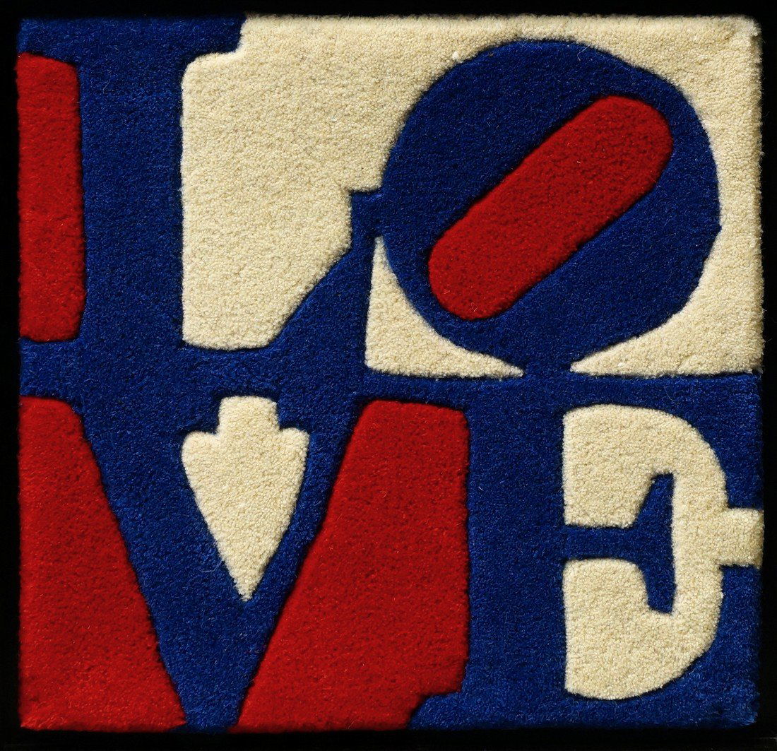 Robert Indiana, American b.1928- ''Czech Love'';: Robert Indiana, American b.1928- ''Czech Love''; multiple, hand tufted wool, produced in 2006 for Galerie-F, Germany, in an ebonised frame, manufacturer's label numbered 171 attached to the reverse, 4