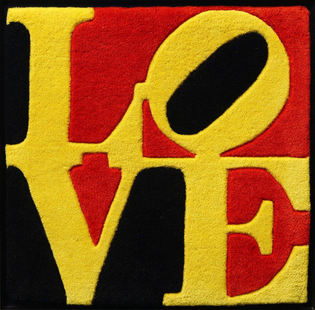 Robert Indiana, American b.1928- ''German Love'';: Robert Indiana, American b.1928- ''German Love''; multiple, hand tufted wood, produced in 2005 for Galerie-F, Germany, in a parcel gilt and ebonised modern frame, manufacturer's label numbered 295/99